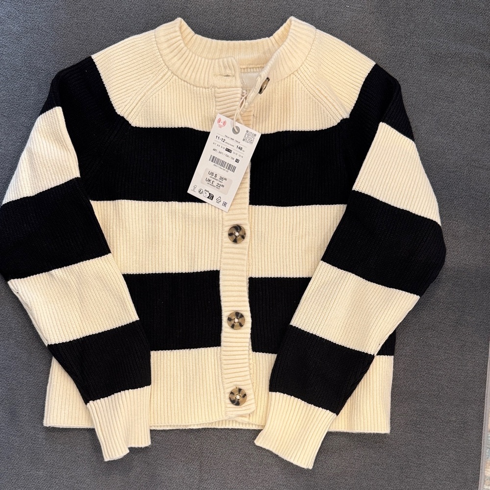 Zara girls NWT striped Black & Cream Button-Front Sweater Cardigan